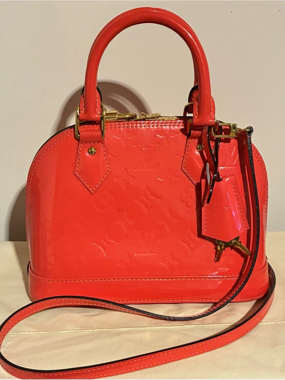 Louis Vuitton Vernis Alma BB in Coral orange/pink Patent Leather 9.5x6.75x4.25